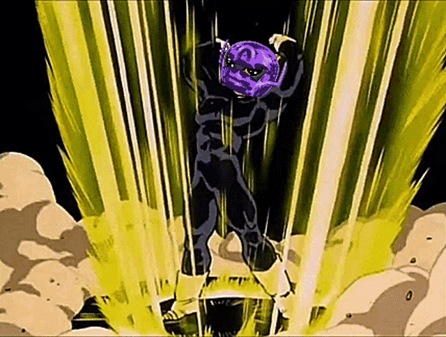 a cartoon character with a purple helmet is surrounded by yellow light