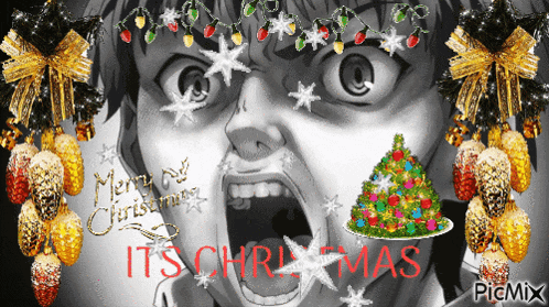 a black and white image with a christmas tree and the words merry christmas it 's christmas on the bottom