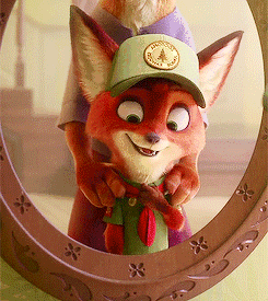 a cartoon fox wearing a hat and tie is looking in a mirror