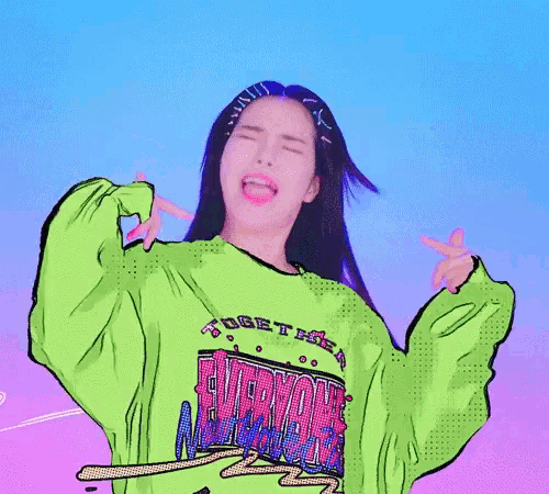 a drawing of a woman wearing a green sweater that says " together everywhere "
