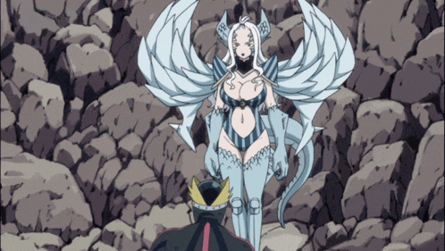 a cartoon drawing of a woman with wings and horns standing next to a man