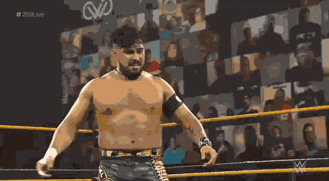a man in a wrestling ring with the hashtag # 203live on the bottom right