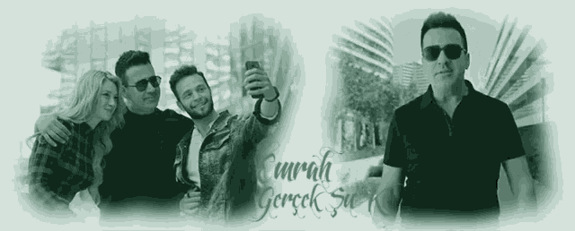 a man taking a selfie with a woman and another man with the word surah on the bottom