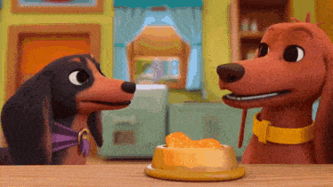 two cartoon dachshunds are looking at a bowl of food on a table