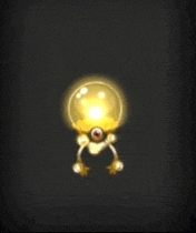 a cartoon drawing of a light bulb with a red eye and arms .