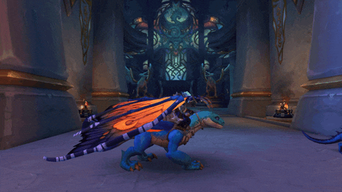 a video game character is riding a dragon in a castle