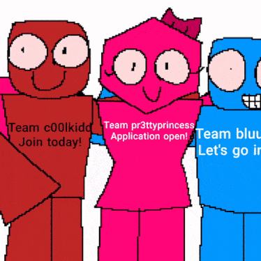 a group of cartoon characters are standing next to each other and one of them has a sign that says team c00lkidd join today
