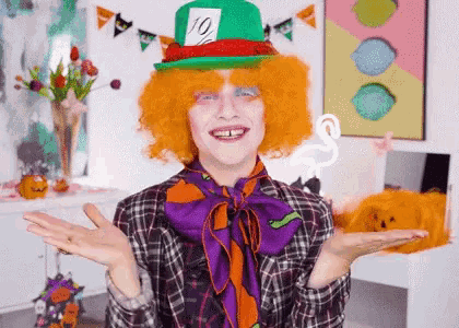 a woman in a mad hatter costume with a flamingo in the background
