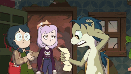 a cartoon of a lizard holding a piece of paper with the word boo on it