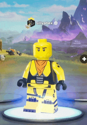 a sillyabox lego figure is standing in front of a purple mountain
