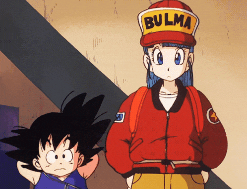 a boy and a girl are standing next to each other and the girl is wearing a red jacket that says bulma