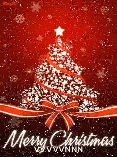 a merry christmas card with a christmas tree made of stars and ribbons on a red background .