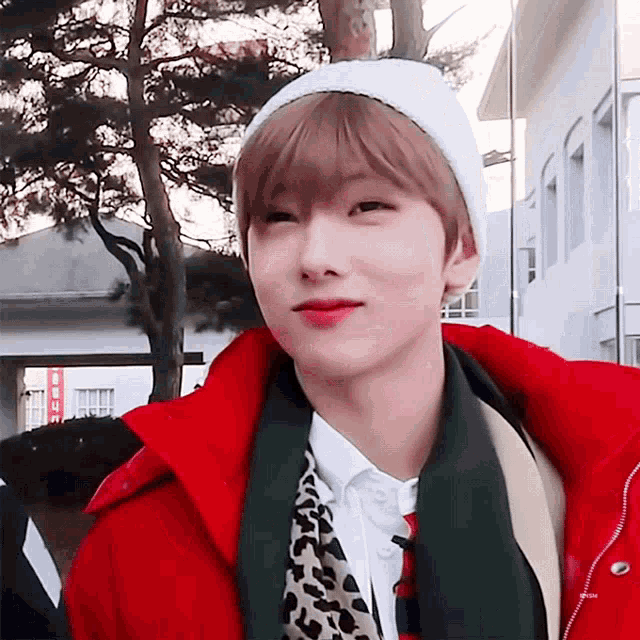 a young man wearing a red jacket and a white beanie is smiling .