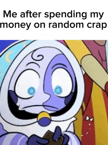 a cartoon character is holding a wallet and making a sad face .