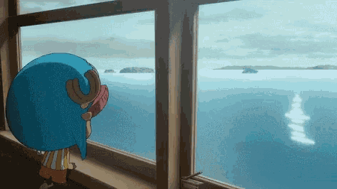 a cartoon character is standing in front of a window looking out at the ocean .