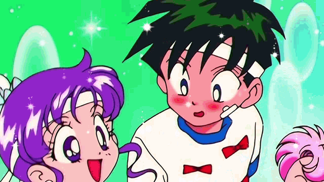 a boy and a girl are standing next to each other in a cartoon .