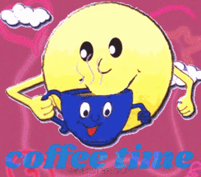 a smiley face is holding a blue cup of coffee and the words coffee time are below it