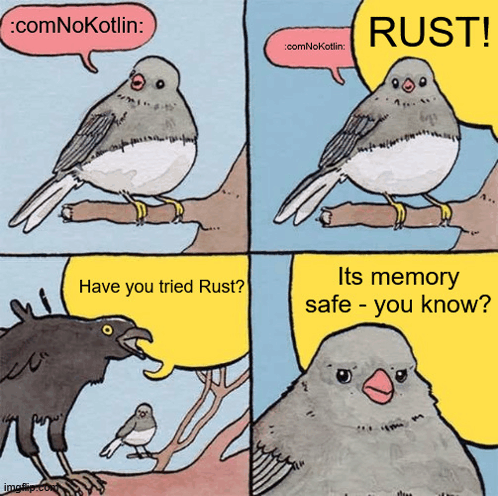 a cartoon of a bird talking to a crow with a speech bubble that says rust
