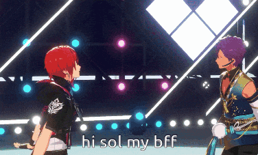 a couple of anime characters standing next to each other with the words hi sol my bff on the bottom