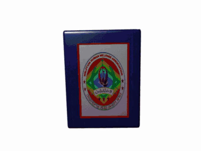 a blue box with a colorful emblem on it