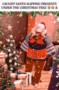 a cartoon of a man wearing a santa hat and a sweater that says caught santa slipping presents