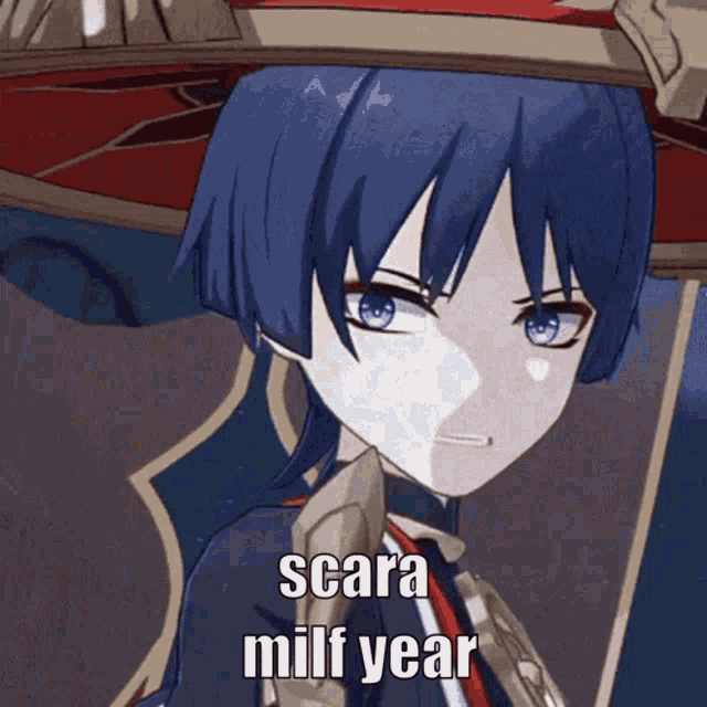a blue haired anime character with the words scara milf year on his face