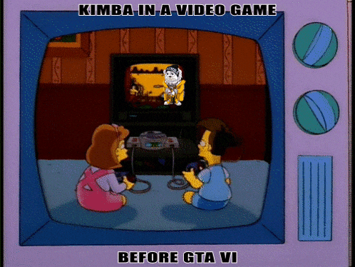 a cartoon of a boy and a girl playing a video game with the caption kimba in a video game