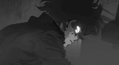 a black and white drawing of a person with a light coming out of their eye