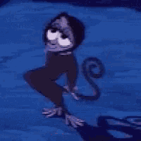 a cartoon monkey with big eyes is standing on a blue background .
