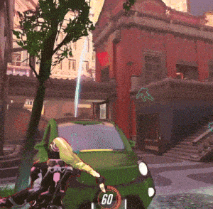 a green car with the number 60 on the side of it