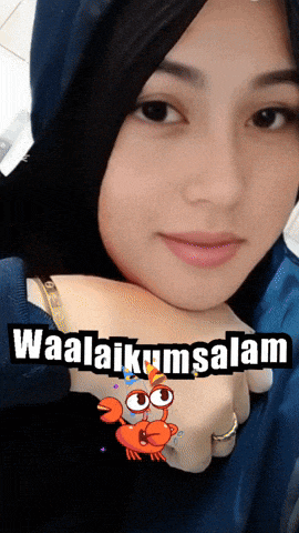a woman wearing a hijab has a cartoon crab on her shoulder and the words waalaikumsalam written above her