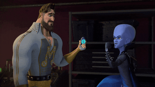 a man with a beard is standing next to a man with a blue head