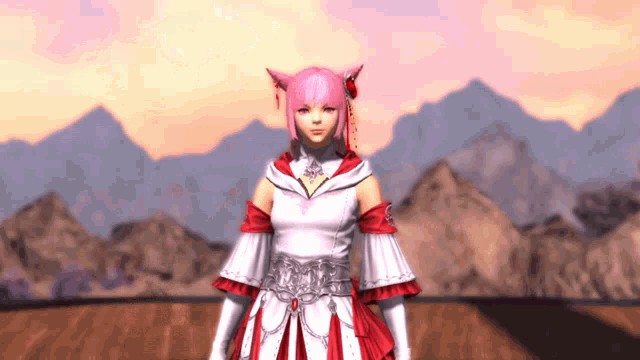 a girl with pink hair is wearing a white and red dress with mountains in the background