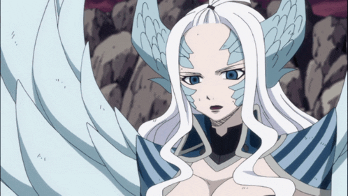 a cartoon character with white hair and blue wings looks surprised