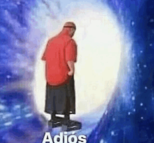 a man in a red shirt and black skirt is standing in the middle of a tunnel .