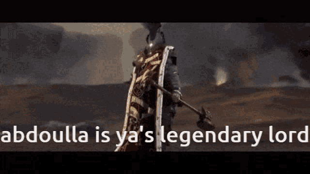 a man holding a shield and a hammer with the words " bbdoulla is ya 's legendary lord "