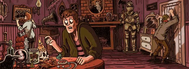 a cartoon of a man sitting at a table with a statue of a knight behind him