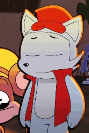 a cartoon character with a red hat and scarf