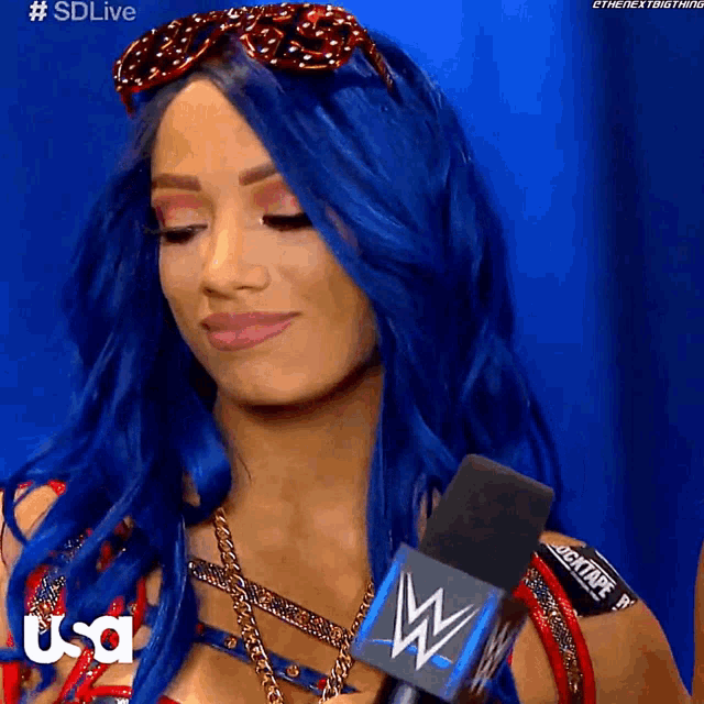 a woman with blue hair is wearing sunglasses and holding a microphone that says ' usa ' on it