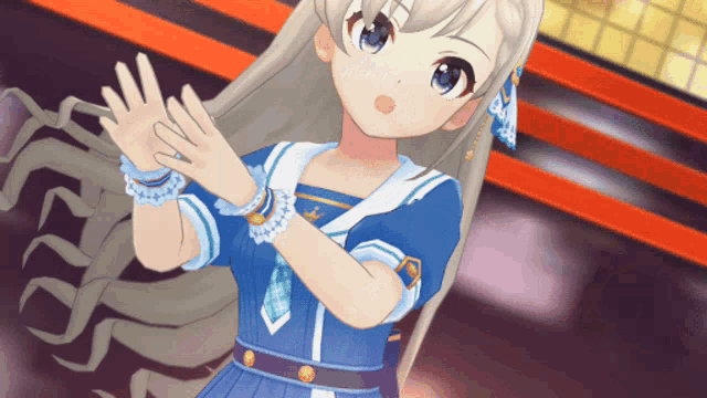 a girl in a blue and white dress is making a gesture