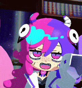 a cartoon character with purple hair and horns is holding a cell phone