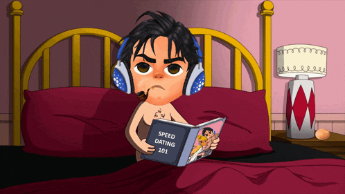 a cartoon of a man reading speed dating 101