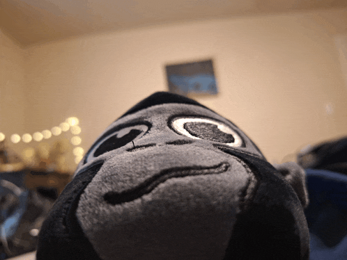 a close up of a stuffed animal with a monkey face