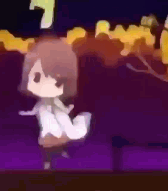 a cartoon character is dancing in a dark room with a purple background .