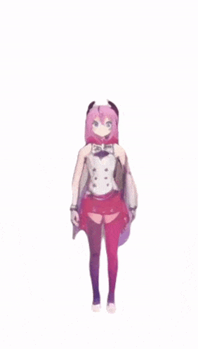 a cartoon girl with pink hair and a bow tie is standing on a white background