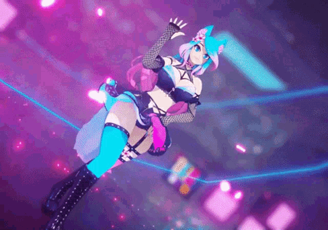 a girl with blue hair and pink hair is dancing in a dark room