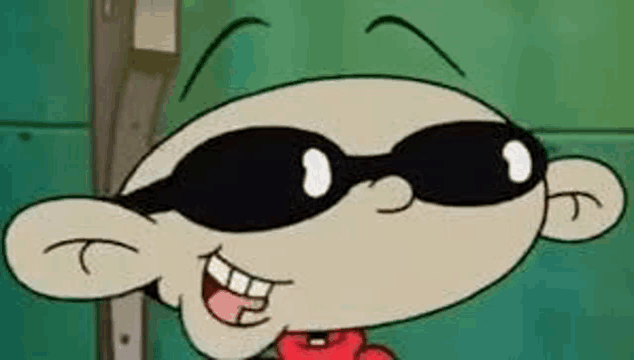 a cartoon character wearing sunglasses and a red shirt is smiling .
