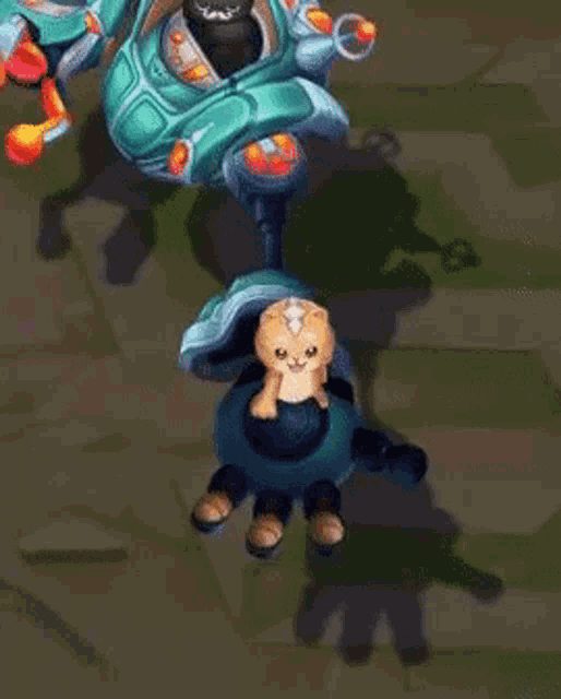 a cartoon cat is sitting on top of a robot in a video game .