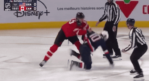 a hockey game is being played in front of a disney ad