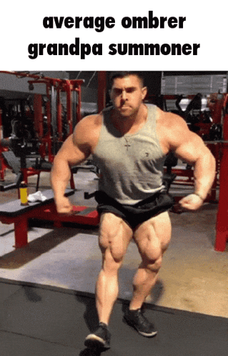 a very muscular man in a gym with the words average ombrer grandpa summoner above him